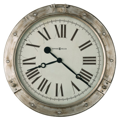 Horloge murale surdimensionnée Chesney, style moderne et contemporain, avec cadre en métal argenté vieilli en forme de hublot et cadran à  chiffres romains patinés