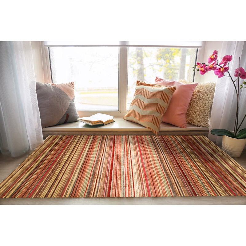 Lush Striped Red Flatweave Wool Area Rug, Rectangle 12' X 15'