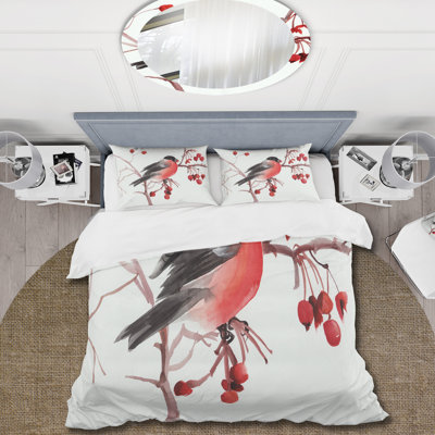 Bullfinch Bird On A Branch - Traditional Duvet Cover Set