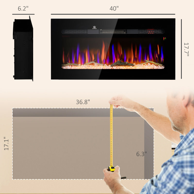 Foyer électrique de 40 po: encastré au mur, 1500 W, couleur de flamme réglable et luminosité, cristal de bûche, minuterie 8H, couleur acier noir,