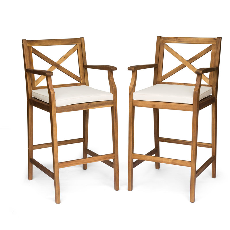 Tabouret de bar avec coussin en teck de 28,5 po Zaryiah, Crème