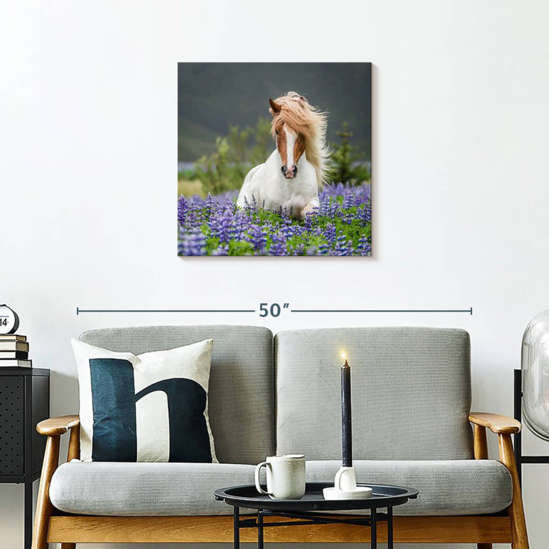 Cheval de race pure avec des lupins, H 24 po x l 24 po