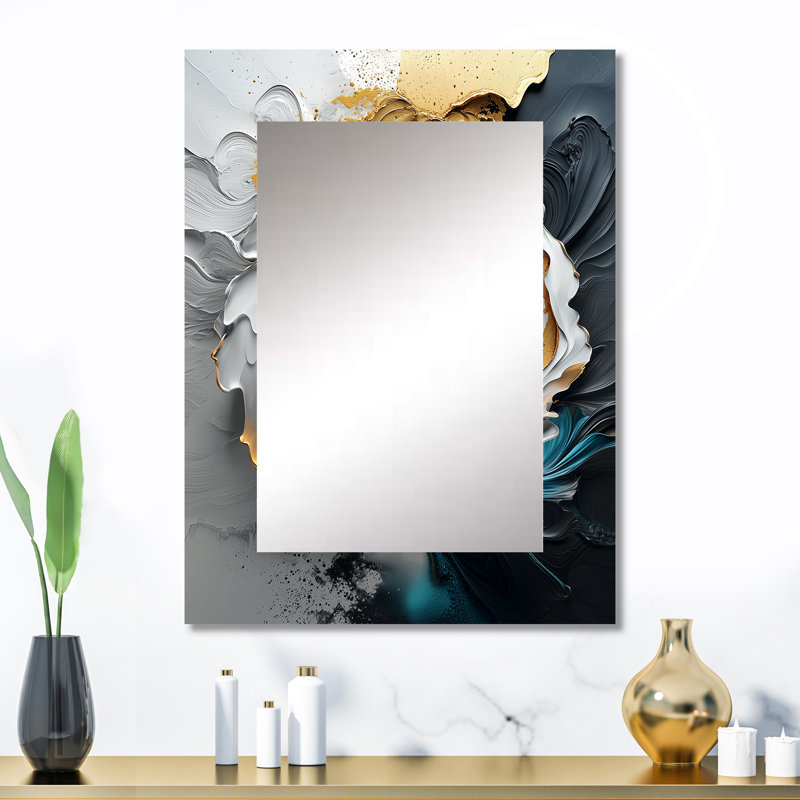 Black And Gold Moon Lines III - Abstract Shapes Large Wall Mirror, Modern Decorative Mirror, Printed Metal Art, 32" x 24"