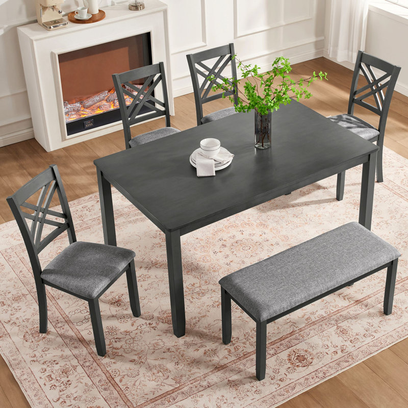 Ensemble de salle à manger de cuisine 6 pièces, table de salle à manger rectangulaire en bois avec 4 chaises rembourrées et un banc, ensemble de table de salle à manger