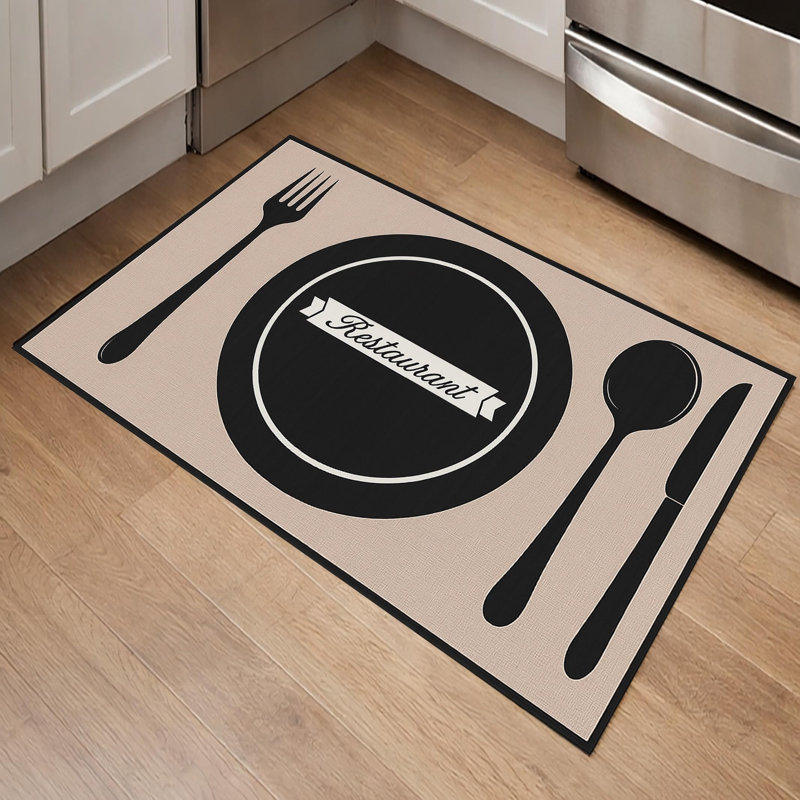 Tapis de cuisine moderne beige et noir 91 x 48 cm, antidérapant, lavable, en polyester à poils courts, Géométrique beige