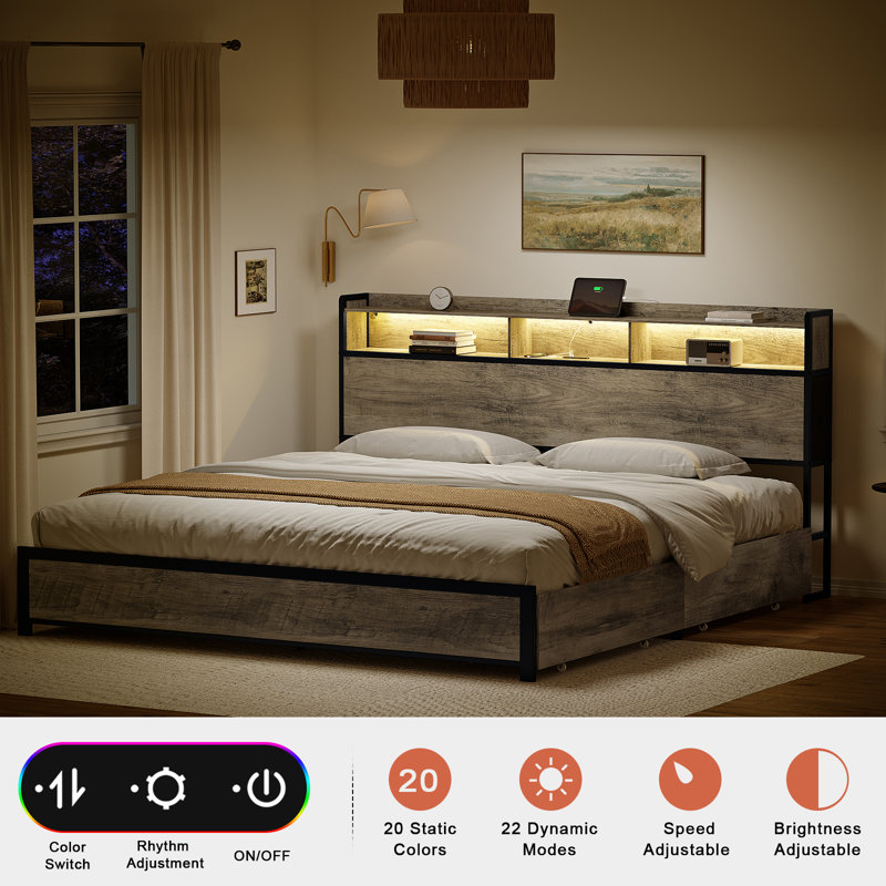 Lit Livia King avec 2 tiroirs sous le lit, lit plateforme moderne avec station de recharge et éclairage DEL, tête de lit avec rangement, 2 tiroirs de chevet et étagères ouvertes, gris
