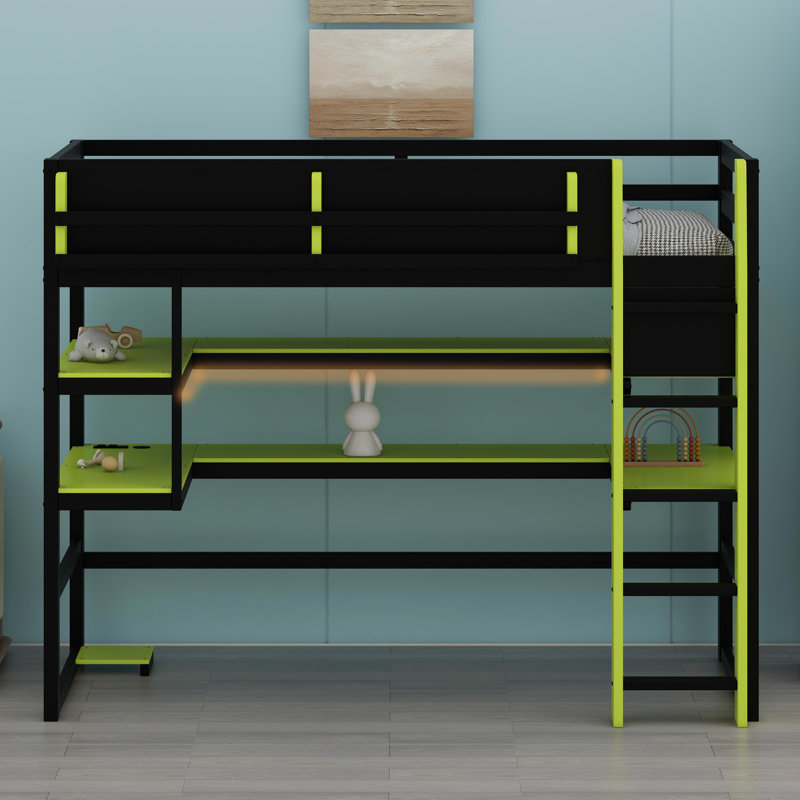 Space-Saving High Sleeper Featuring Built-in Desk, Lateral Storage Unit, Multi-Tier Shelves, and Smart Color-Changing LED System