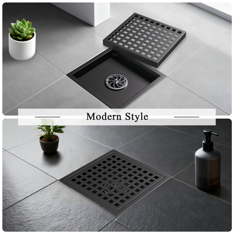 4 Inches Square Shower Drain, Matte Black