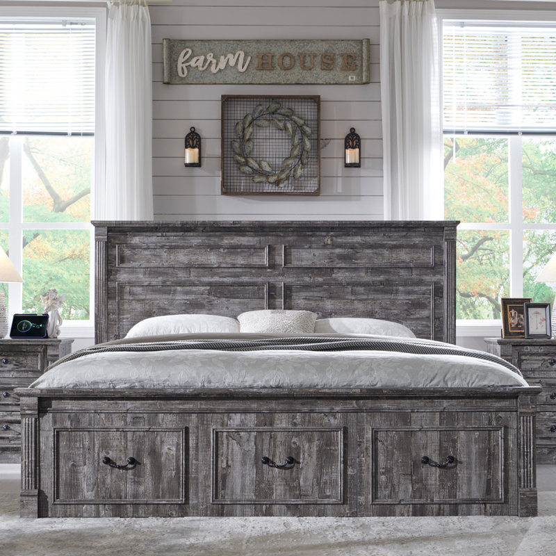 Cadre de lit très grand Burlington Farmhouse avec tête de lit 51 po, cadre de lit plateforme en bois, Gris, Très grand lit