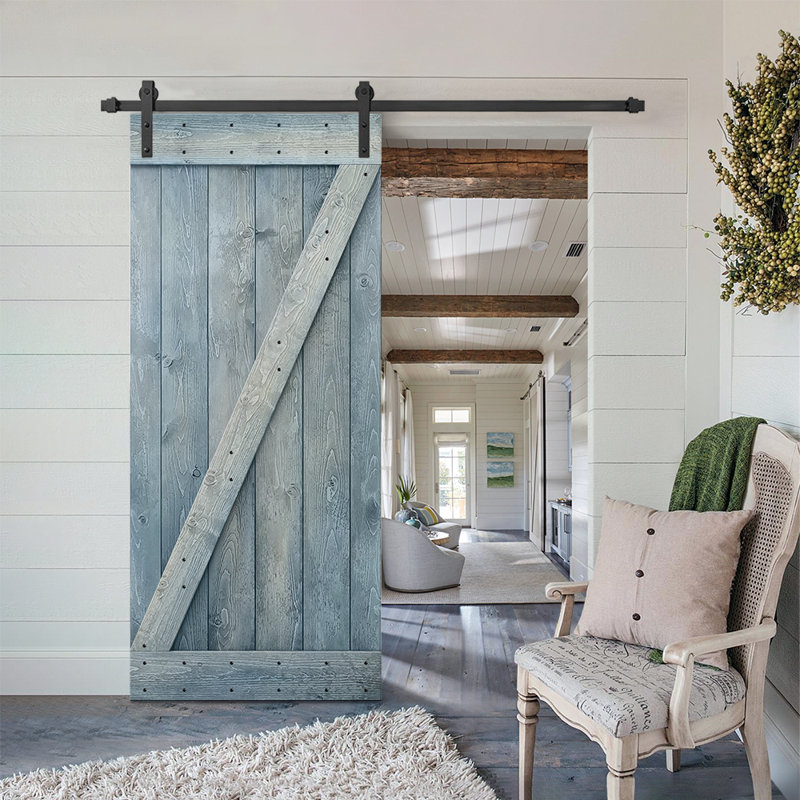 84'' Jungle Green Solid Wood Barn Door Kit with Matte Black Hardware
