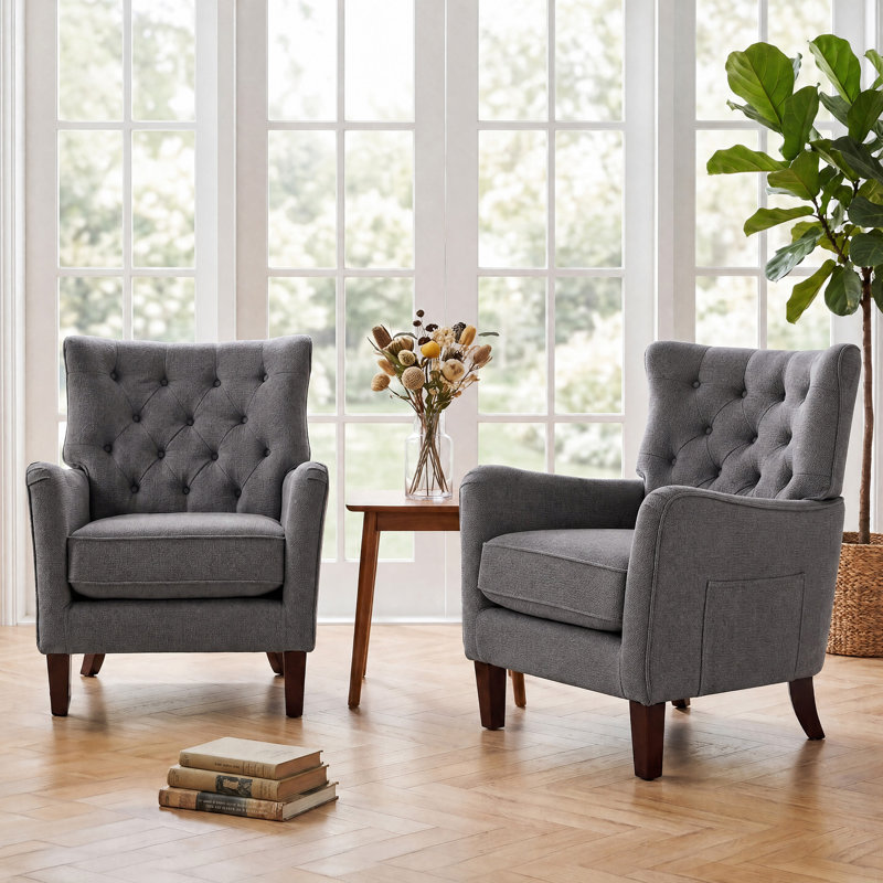 Button-Tufted Horn-Back Armchair, Accent Chair with Padded Cushion, Side Pocket and Solid Wood Legs (Set of 2), Gray
