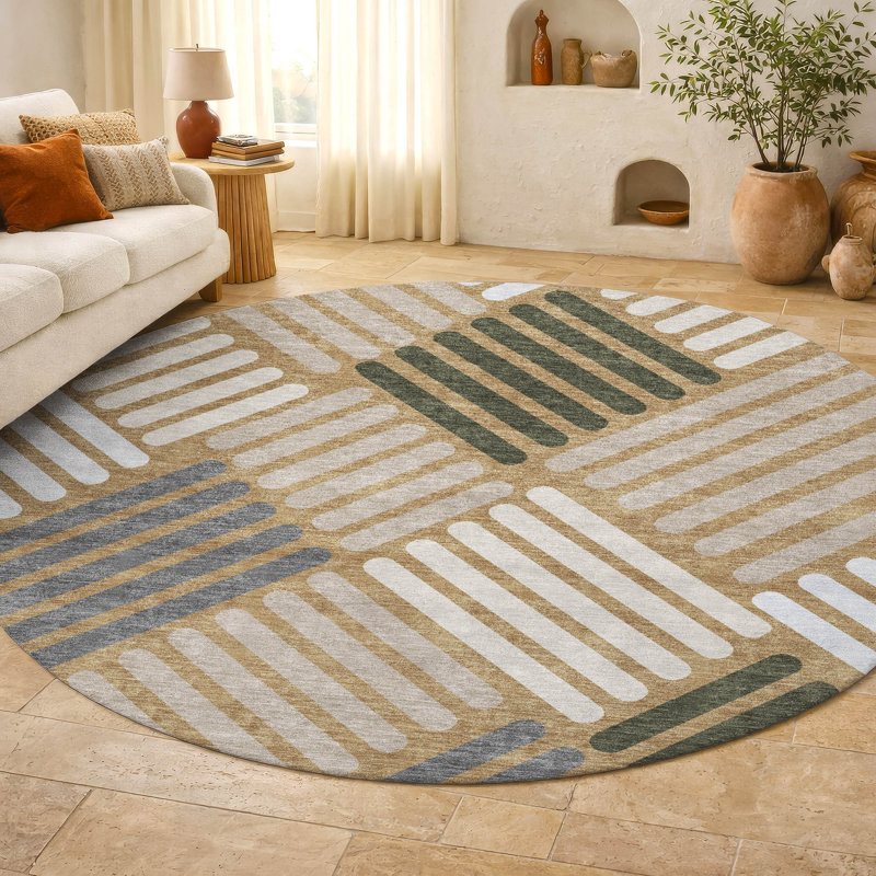 Premium Machine Washable Mayfield AMF2339 Geometric Rug, Gold, 8' Round