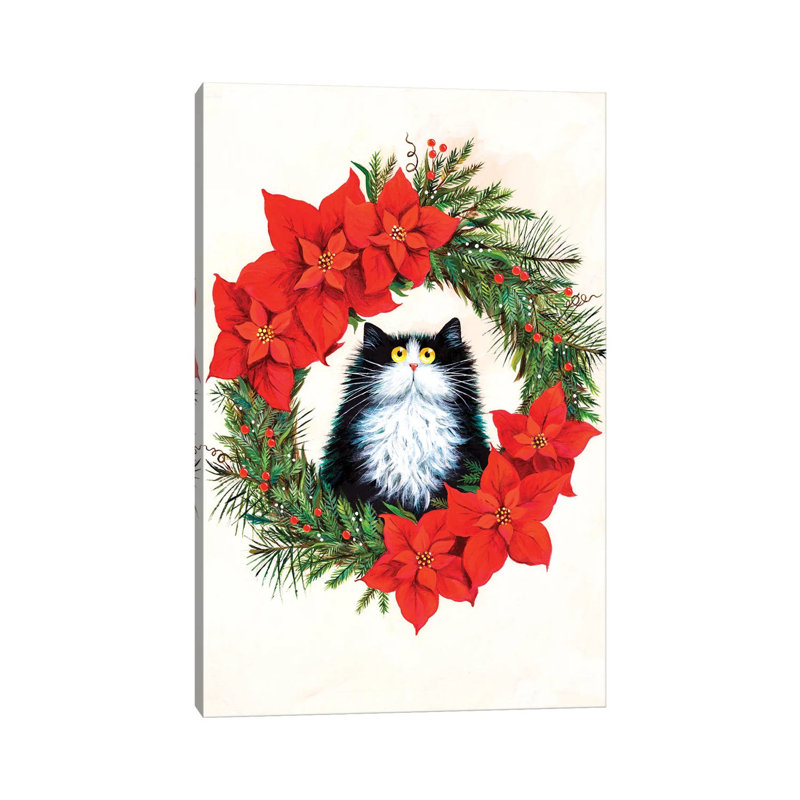 Black and White Cat in Poinsettia Wreath 1 Piece Wall Art on Canvas, 152.5 cm H x 101.5 cm W x 3.175 cm D, Wrapped Canvas