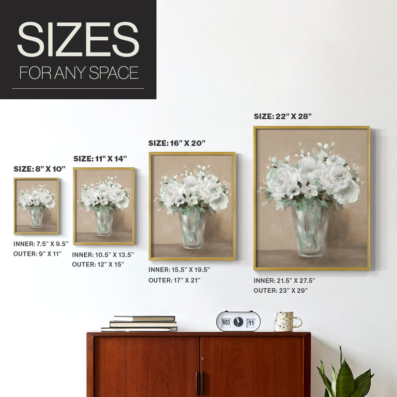 White Blooms Framed Print - Solid Wood, 15" H x 12" W, Gold