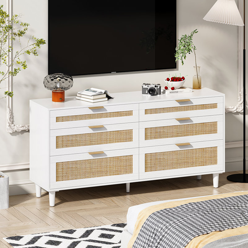 6 Drawer Dresser with Metal Handle and Wood Legs for Hallway, White, 29.53" H x 59.06" W x 15.75" D