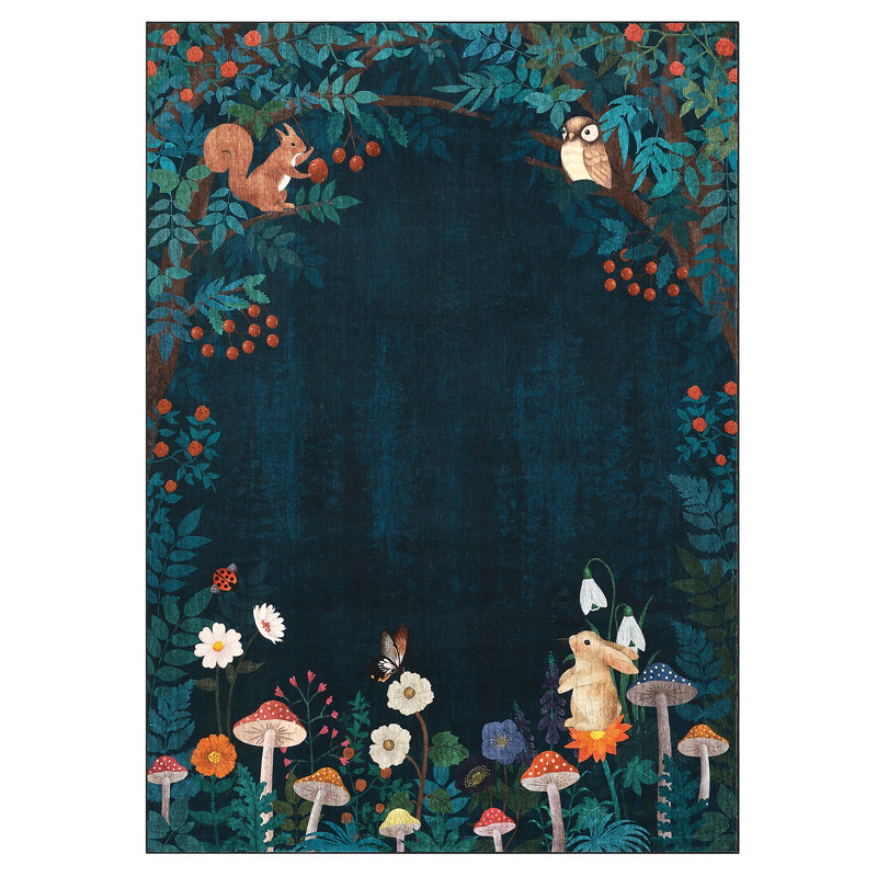 Washable Rugs for Living Room Nursery 8x10 Animal Print Jungle Rugs Farmhouse Non Slip Large Kids Bedroom Carpet Indoor Stain Resistant Carpet for Playroom Blue