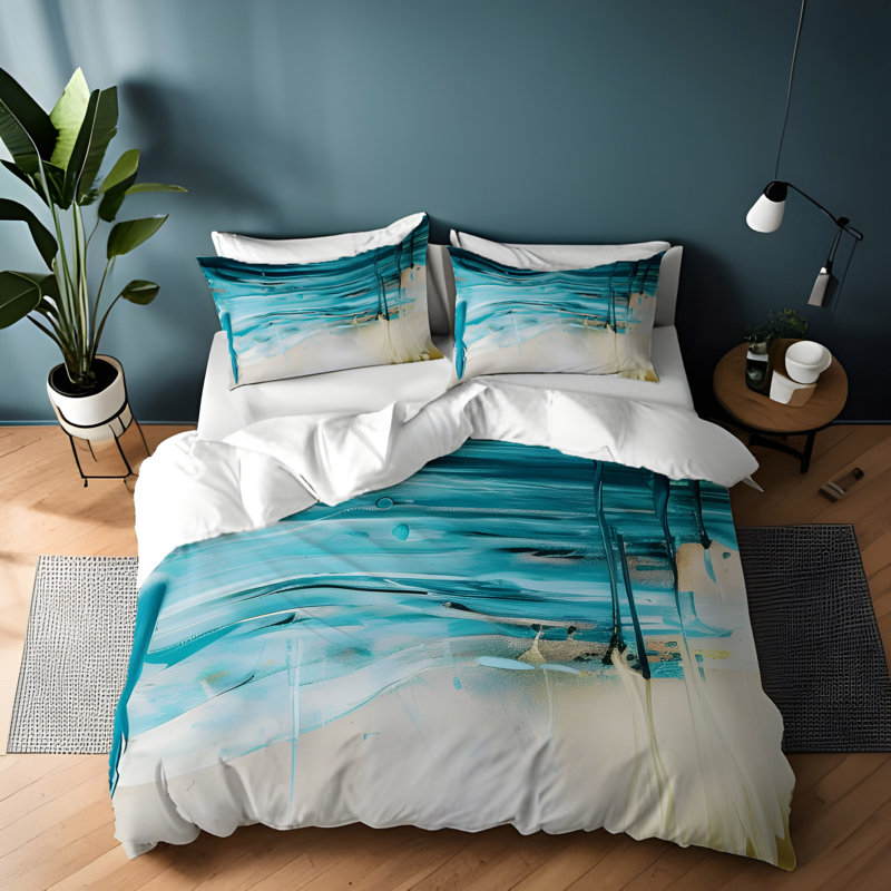  Ensemble de housse de couette en microfibre bleu / beige, Housse de couette grand + 2 grandes taies décorat
