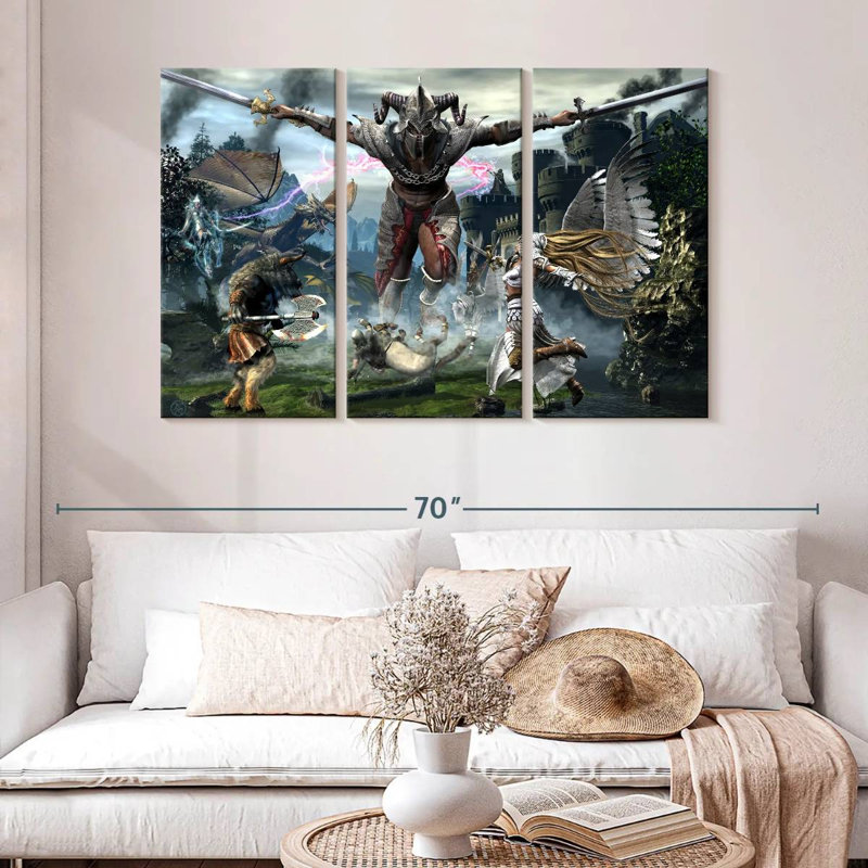 Keiraleigh Titan bat une légion de créatures, H 32 po x l 50 po