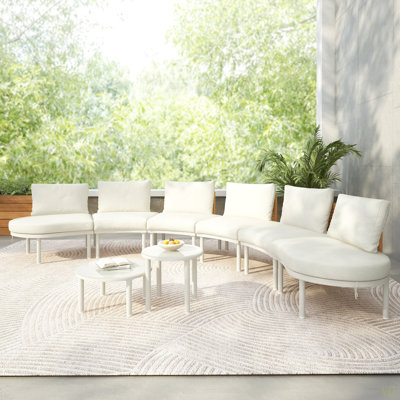 Ensemble de meubles de patio 8 pièces, canapé modulaire d'extérieur demi-lune avec 2 tables basses haute et basse, rotin en osier PE, verre trempé, 6 coussins et coussins, pour la cour, le jardin et la piscine