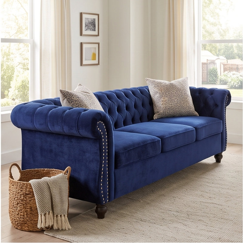 Canapé Chesterfield 3 places en velours bleu