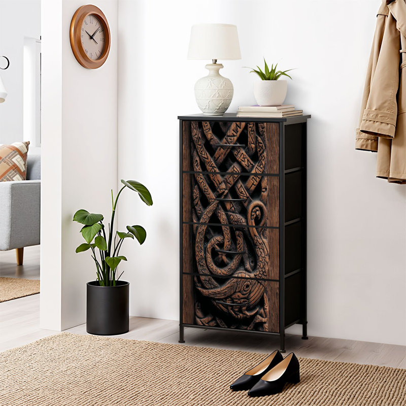 Commode 4 tiroirs pour chambre à coucher, commode étroite, plateau en bois et structure en fer de travail 18 po x 37,5 po - (l x H)