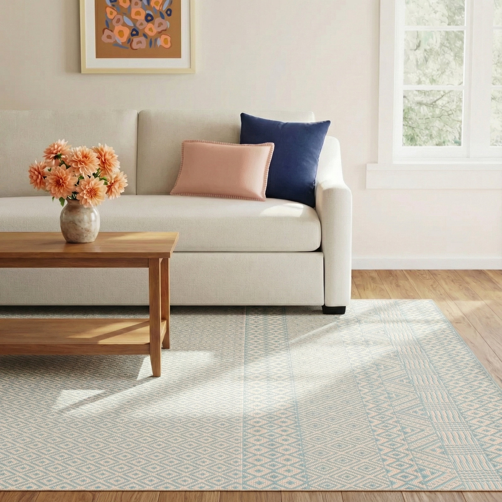 Lenwood Beige Aqua Geometric Outdoor Rug, Rectangle 8' x 10'