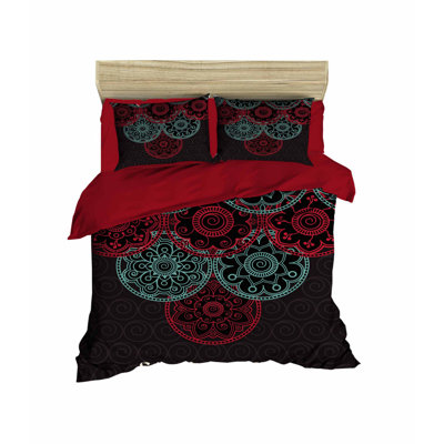 Luxury Double Duvet Cover Set (3 Pieces), Red & Black & Mint, 78.7 x 86.6 inches | 100% Polyester Microsatin & 100% Cotton, Machine Washable, Zipper Closure | Soft & Stylish Bedding for Modern Bedrooms