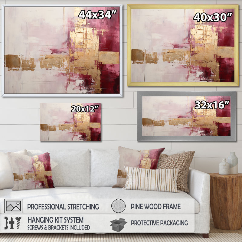 Minimalisme, horizon rose et doré - peinture abstraite, art mural, H 34 po x l 44 po x P 1,5 po, Cadre flottant noir