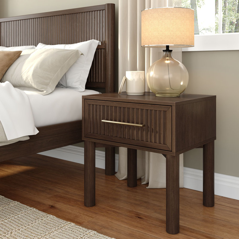Sera Fluted 1 Drawer Nightstand with Brass Handle, Walnut, Walnut