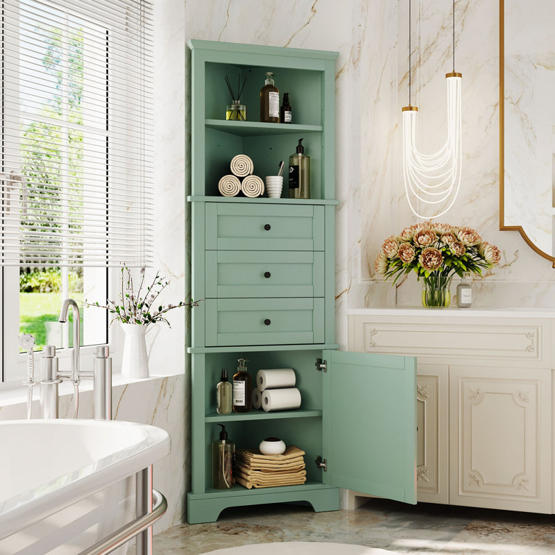 Green Triangle Tall Cabinet With 3 Drawers And Adjustable Shelves For Bathroom, Kitchen Or Living Room, MDF Board With Painted Finish