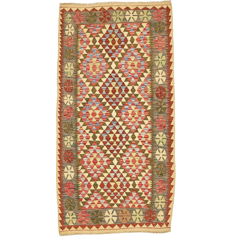 Tapis de zone en laine beige/vert 3 pi 2 po x 6 pi en laine noué la à la main one-of-kind Doorfield