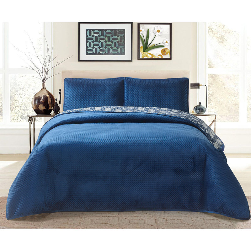 Ensemble de courtepointe réversible en velours Buntingford, Double / Grand, Indigo