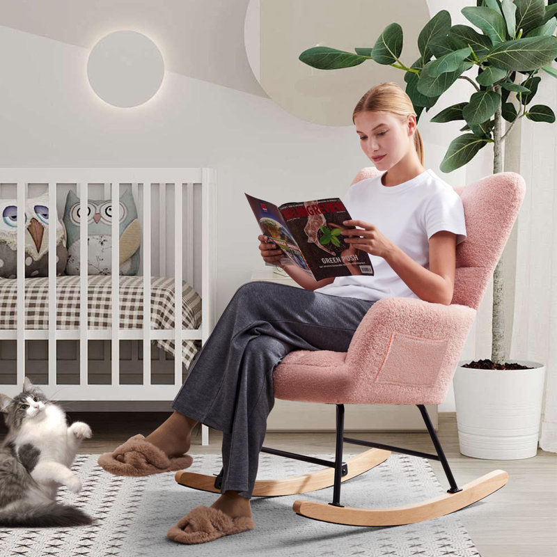 Teddy Upholstered Nursery Rocking Chair with Side Pockets, Pink