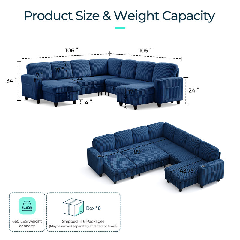 Sherry 106" Upholstered Modular Corner Sectionals with Pull-out Sofa, Storage, USB Charging & Cup Holders