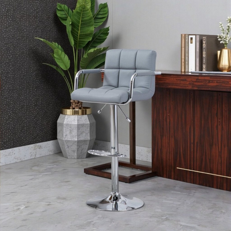Tabouret de bar pivotant contemporain réglable gris avec accoudoirs chromés et confort coussiné