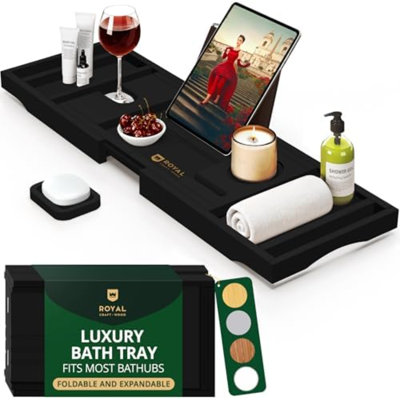 Premium Foldable Bathtub Tray - Wood Bath Tray For Tub, Bamboo Shelf, Expandable Bath Table Trays, Bathtub & Bathroom Accessories For New Home & Mothers Day & Birthday Gifts For Mom