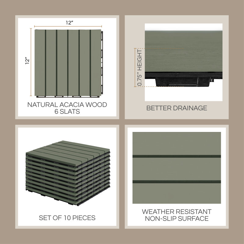 Carreaux de terrasse de qualité supérieure THYOI - Ensemble de 10 tuiles de terrasse emboîtables 12 po x 12 po x 0,9 po, bois d'acacia imperméable pour balcon, cour, intérieur et extérieur (vert, motif rayé, joints carrés)