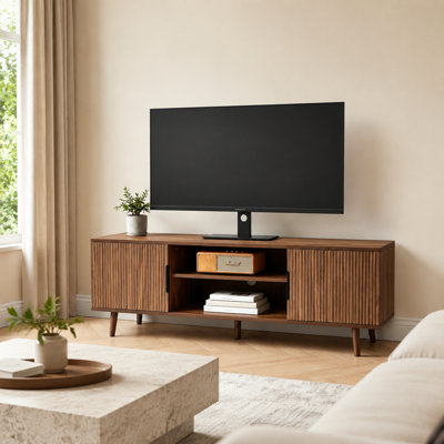 Meuble télé Mid-Century moderne, console de télévision spacieuse avec tablettes ouvertes et compartiments de rangement fermés, meuble télé fonctionnel