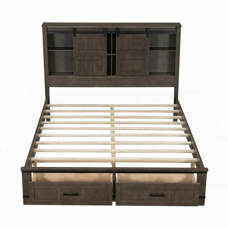 Grand lit plateforme en bois avec porte de grange, pas de sommier tapissier, robuste Durable