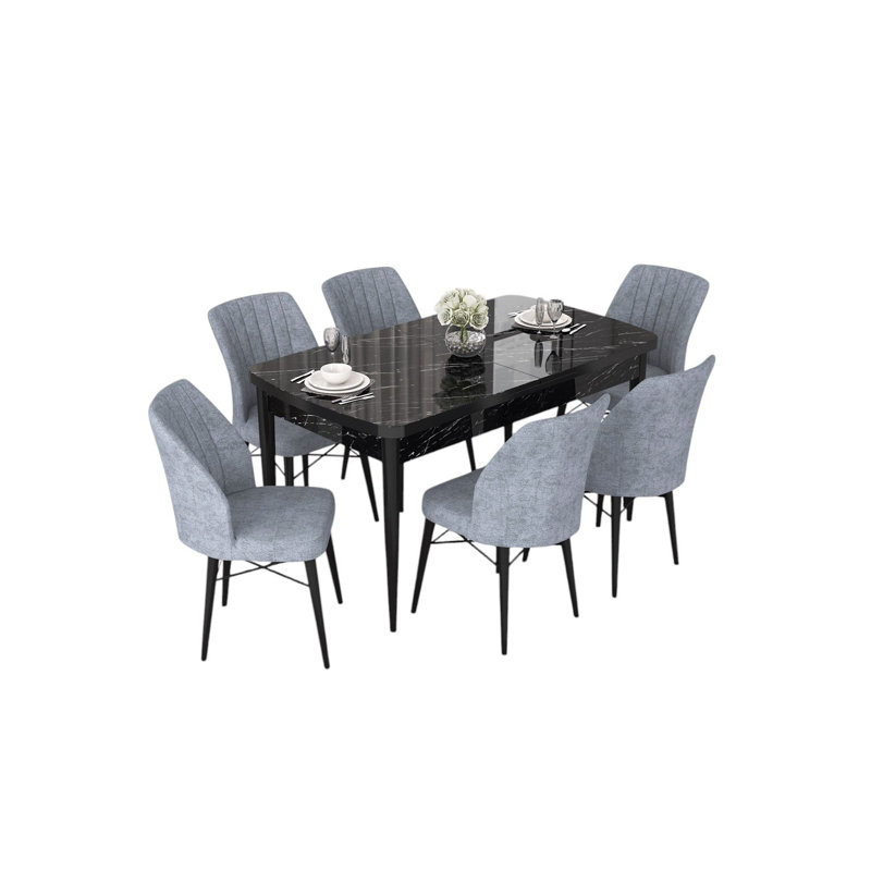 Ensemble de table et chaises de salle à manger extensible Modern (7 pièces), marbre noir et gris, table: 44,9 po x 30,7 po x 27,6 po | Chaises: 17,7 po x 35,4 po x 16,5 po | 100% panneau de fibres à densité moyenne avec pieds en bois et structure en métal, coussins en mousse confortables pour un repas élégant