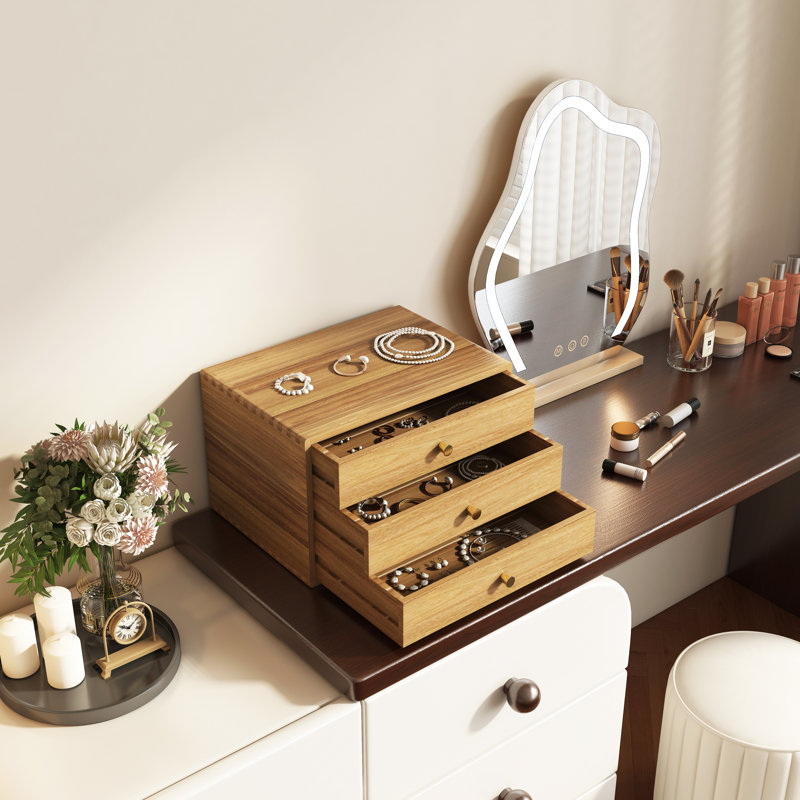 Boîte de rangement pour accessoires de bureau 3 tiroirs en bois d'acacia massif, finition naturelle avec boutons en laiton
