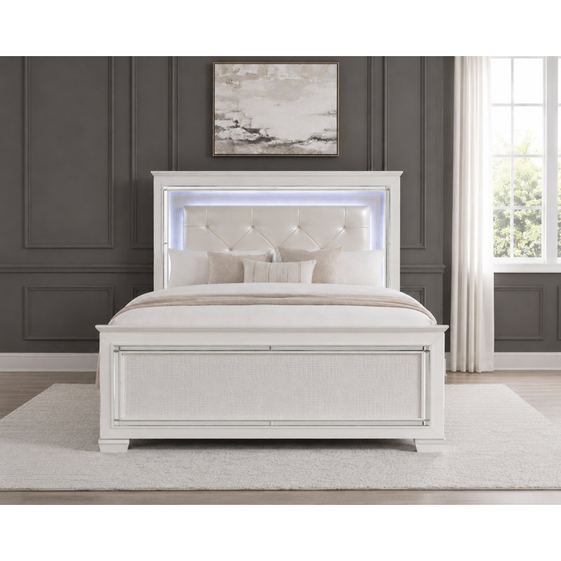 Eudora Bed with LED Backlit Headboard — Faux Alligator Embossed Panel · Beveled Mirror Trim · White Finish, California King