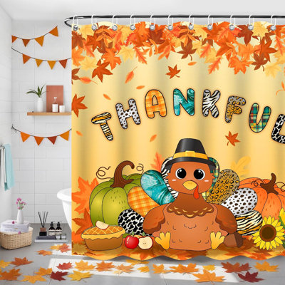Rideau de douche Happy Thanksgiving, rideaux de douche drôles d'automne pour la salle de bain, rideau de douche d'automne, décor de salle de bain pour l'Action de grâce avec feuilles d'érable et citrouille