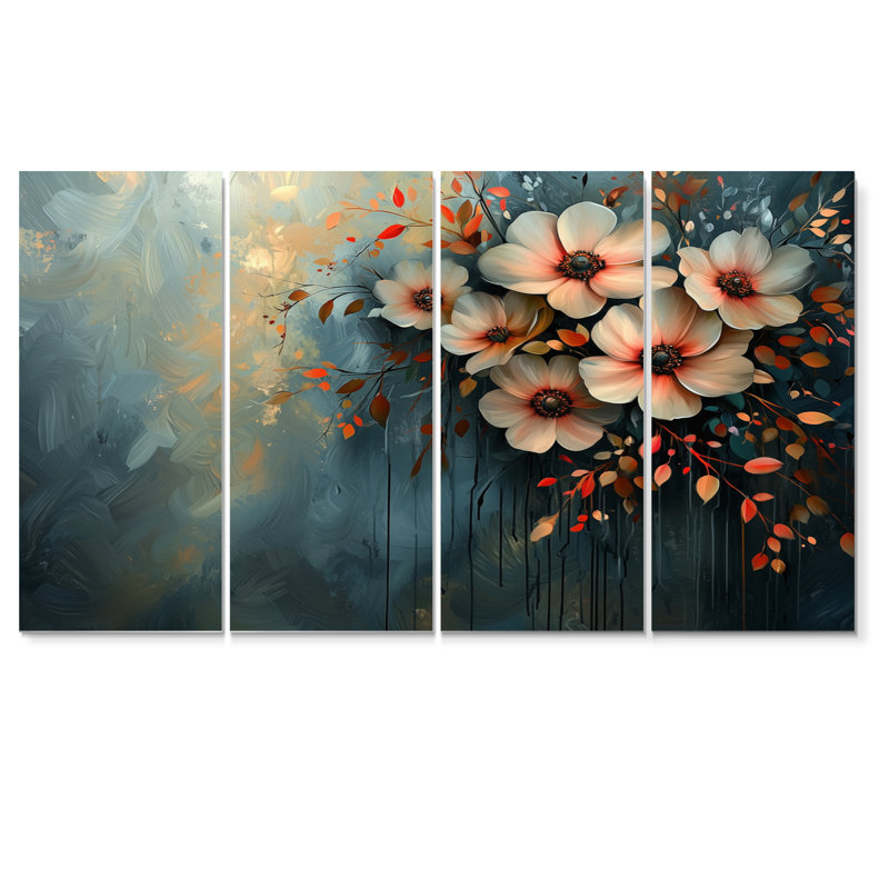 «Garden Dahlia Effect At Night II» - art mural Dahlia - ensemble de décorations murales traditionnelles, H 28 po x l 48 po, 4