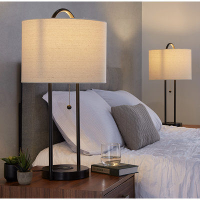 Lehn 28" Contemporary Metal Table Lamp with Wireless Charging in Oil Bronze and Natural Linen Shade - Set of 2