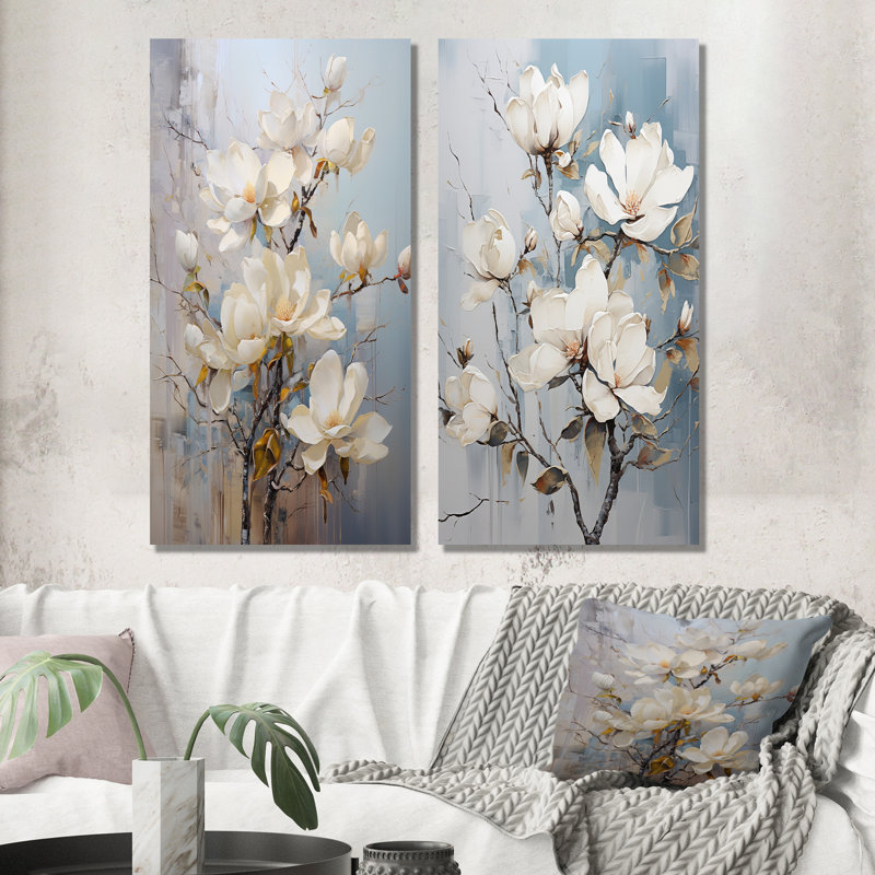 Ensemble de 2 décorations murales blanc et bleu Magnolia Blossom Beauty - Magnolias, Toile tendue, H 40 po x l 41 po
