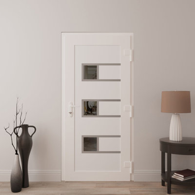 Porte d'entrée extérieure prémontée en PVC-U métal-plastique Manux 8933 Blanc Soie pour bureaux, commerces et habitations. Convient à l'entrée, au patio et au garage. Largeur : 91,4 cm x Hauteur : 203,2 cm. Ouverture à gauche vers l'intérieur.