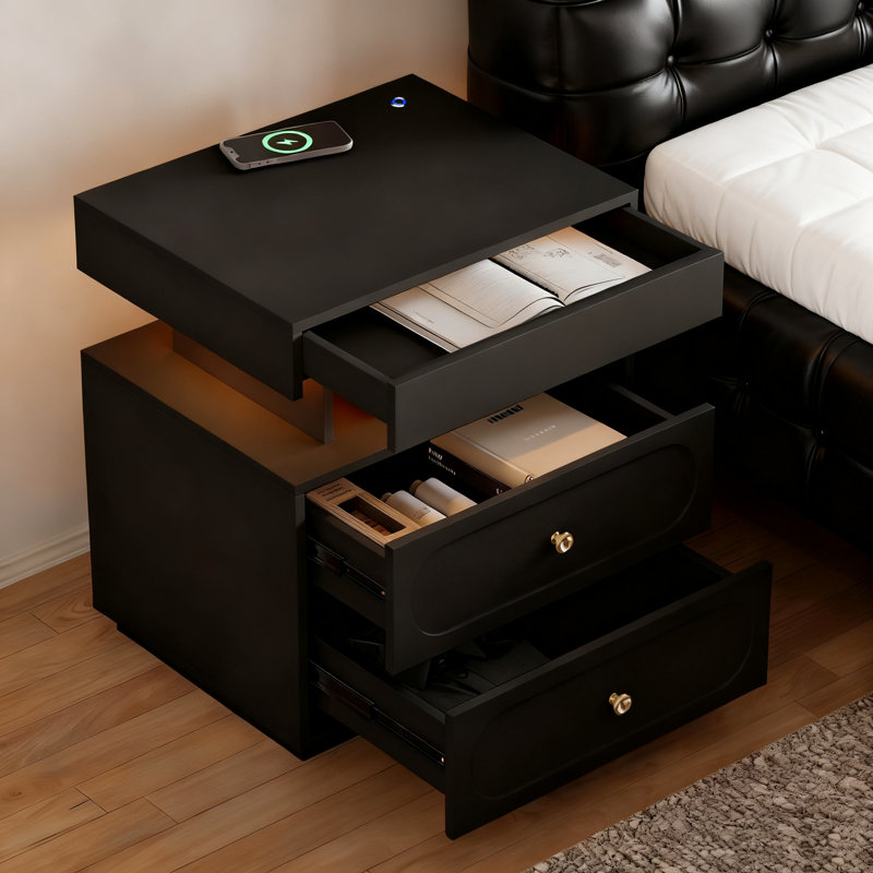 Floating 3-Drawer LED Smart Nightstand with Light  , Black