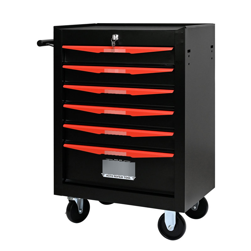 6 coffres à outils en métal avec tiroirs lisses - surface thermolaquée noire, Noir