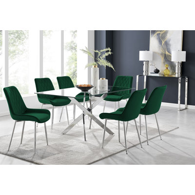 7-Piece Glass and Metal Dining Table Set with Upholstered Dining Chairs and Rectangular Table